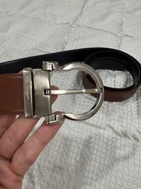 Salvatore Ferragamo Brown and Black Reversible Leather Belt with Silver Buckle